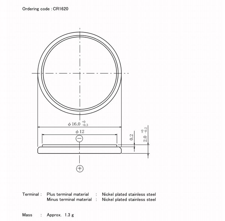 松下CR1620电池尺寸